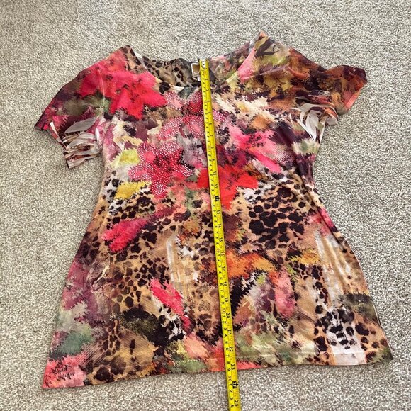 Y2k Floral & Cheetah Print Flowy Pink and Brown Rhinestones Top w Sheer Sleeves - Picture 9 of 10